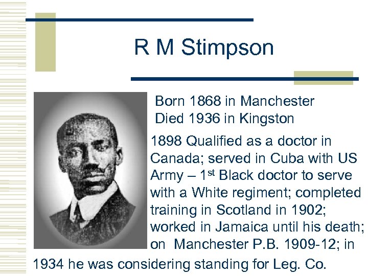 R M Stimpson Born 1868 in Manchester Died 1936 in Kingston 1898 Qualified as