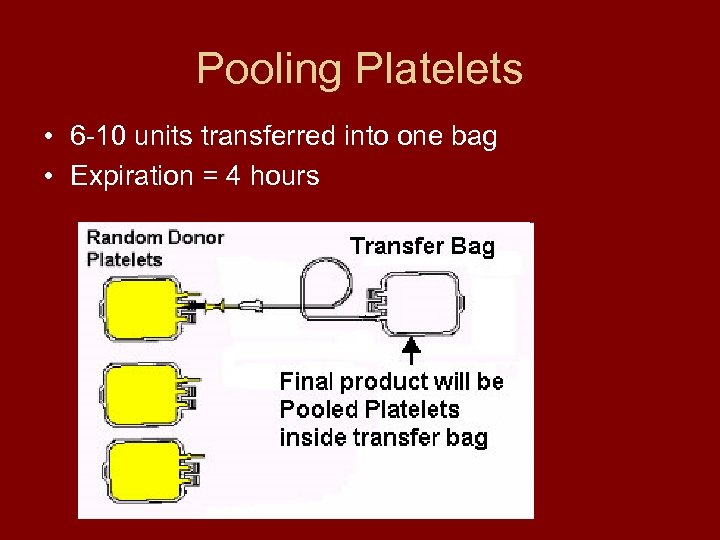 Pooling Platelets • 6 -10 units transferred into one bag • Expiration = 4