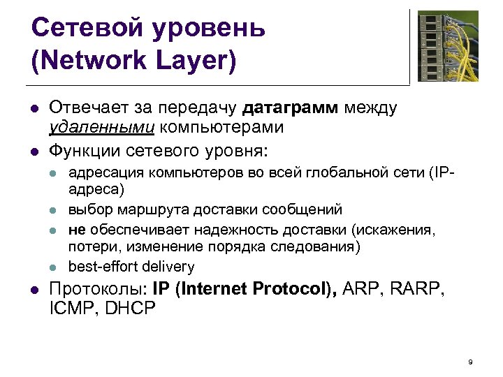 Сетевой уровень (Network Layer) l l Отвечает за передачу датаграмм между удаленными компьютерами Функции