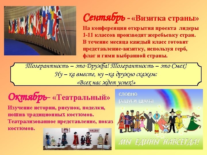 Сентябрь - «Визитка страны» На конференции открытия проекта лидеры 1 -11 классов производят жеребьевку