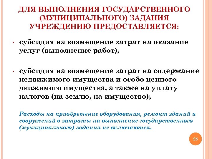 ДЛЯ ВЫПОЛНЕНИЯ ГОСУДАРСТВЕННОГО (МУНИЦИПАЛЬНОГО) ЗАДАНИЯ УЧРЕЖДЕНИЮ ПРЕДОСТАВЛЯЕТСЯ: • субсидия на возмещение затрат на оказание