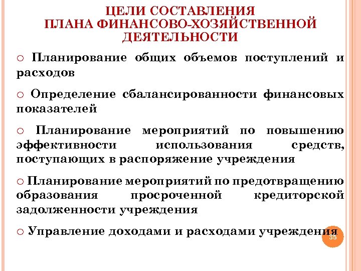 ЦЕЛИ СОСТАВЛЕНИЯ ПЛАНА ФИНАНСОВО-ХОЗЯЙСТВЕННОЙ ДЕЯТЕЛЬНОСТИ o Планирование общих объемов поступлений и расходов o Определение