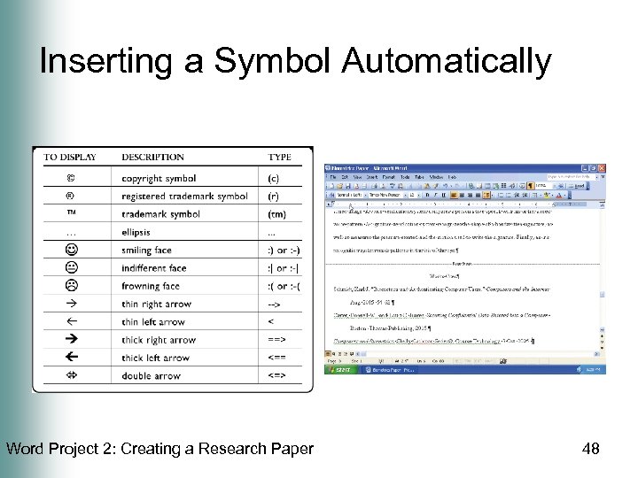 Inserting a Symbol Automatically Word Project 2: Creating a Research Paper 48 
