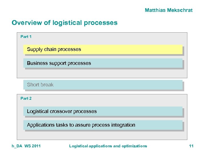 Matthias Mekschrat Overview of logistical processes Part 1 Supply chain processes Business support processes