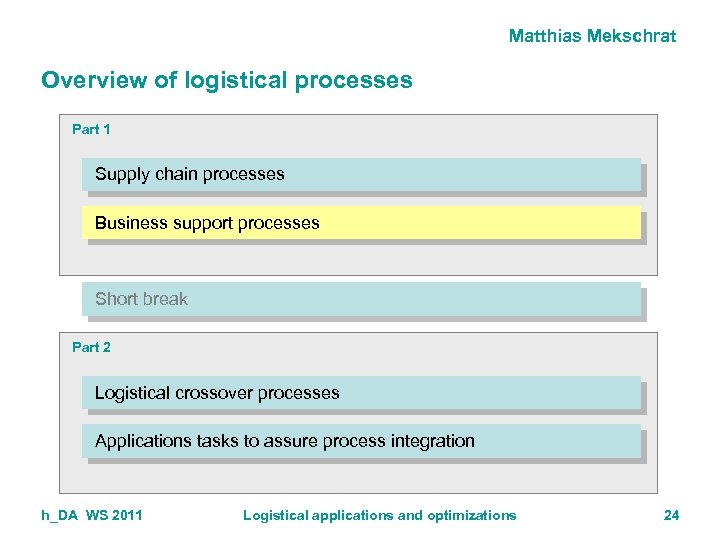 Matthias Mekschrat Overview of logistical processes Part 1 Supply chain processes Business support processes