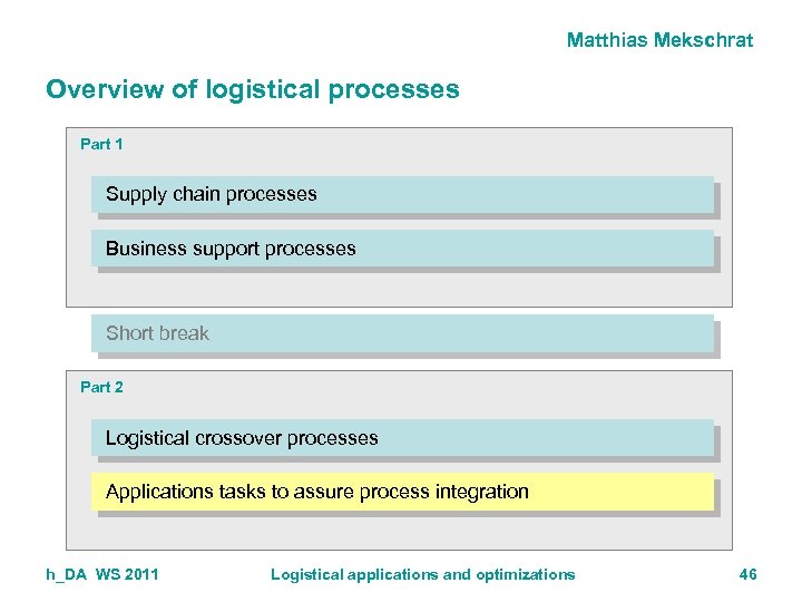 Matthias Mekschrat Overview of logistical processes Part 1 Supply chain processes Business support processes