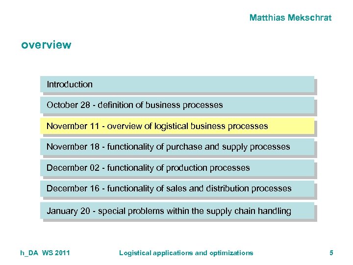 Matthias Mekschrat overview Introduction October 28 - definition of business processes November 11 -