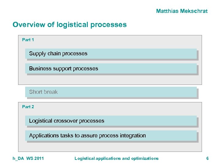 Matthias Mekschrat Overview of logistical processes Part 1 Supply chain processes Business support processes