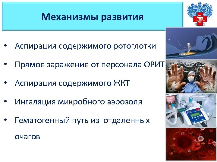 Механизмы развития • Аспирация содержимого ротоглотки • Прямое заражение от персонала ОРИТ • Аспирация