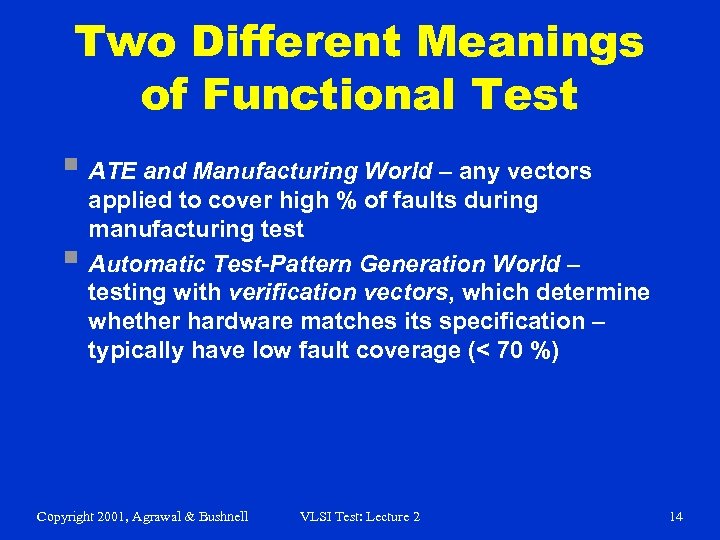 Two Different Meanings of Functional Test § ATE and Manufacturing World – any vectors