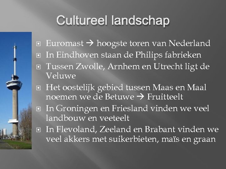 Cultureel landschap Euromast hoogste toren van Nederland In Eindhoven staan de Philips fabrieken Tussen