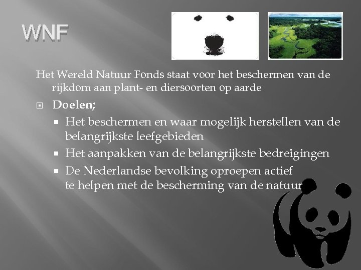 WNF Het Wereld Natuur Fonds staat voor het beschermen van de rijkdom aan plant-