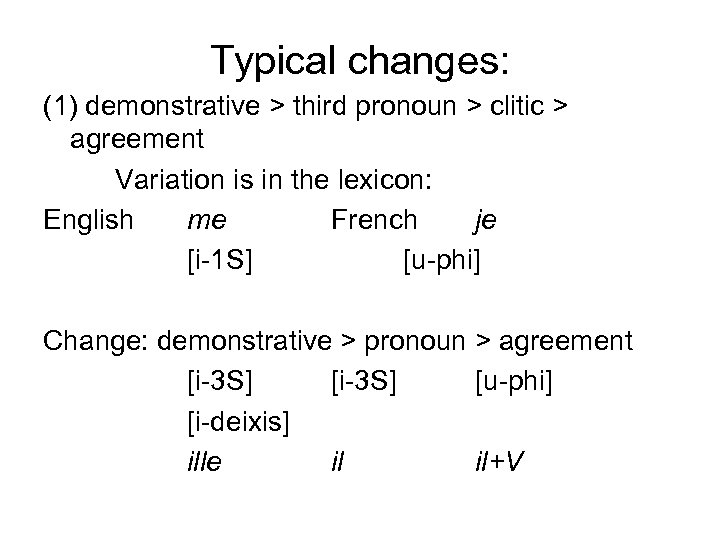 Typical changes: (1) demonstrative > third pronoun > clitic > agreement Variation is in