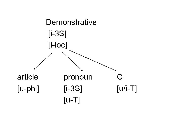 Demonstrative [i-3 S] [i-loc] article [u-phi] pronoun [i-3 S] [u-T] C [u/i-T] 