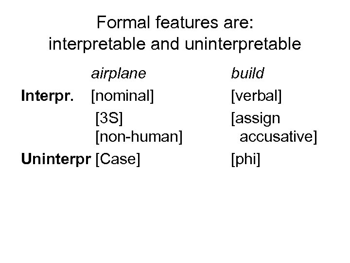 Formal features are: interpretable and uninterpretable airplane Interpr. [nominal] [3 S] [non-human] Uninterpr [Case]