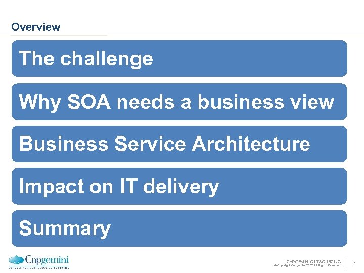 Overview The challenge Why SOA needs a business view Business Service Architecture Impact on