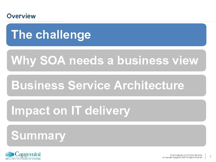 Overview The challenge Why SOA needs a business view Business Service Architecture Impact on