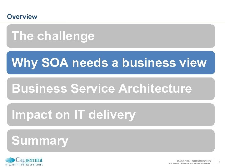 Overview The challenge Why SOA needs a business view Business Service Architecture Impact on