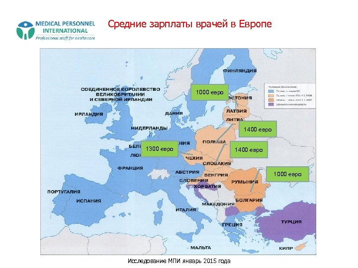 Средние зарплаты врачей в Европе 1000 евро 1400 евро 1300 евро 1400 евро 1000