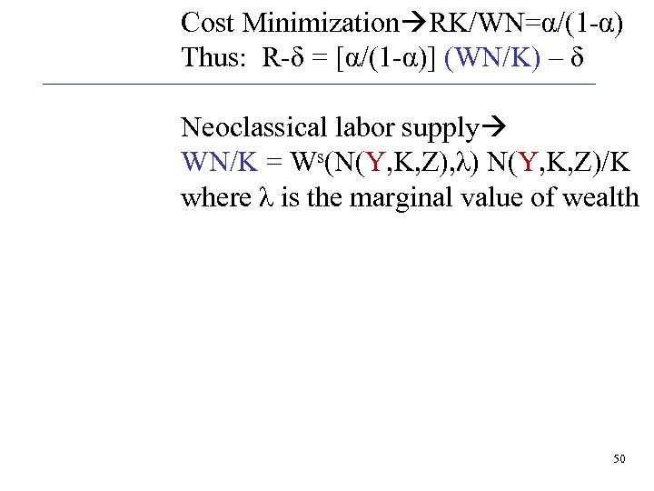 Cost Minimization RK/WN=α/(1 -α) Thus: R-δ = [α/(1 -α)] (WN/K) – δ Neoclassical labor