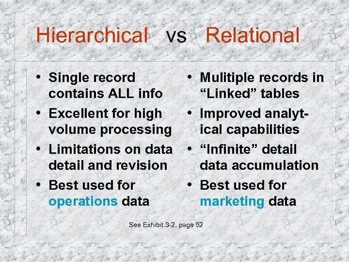 Hierarchical vs Relational • Single record • Mulitiple records in contains ALL info •