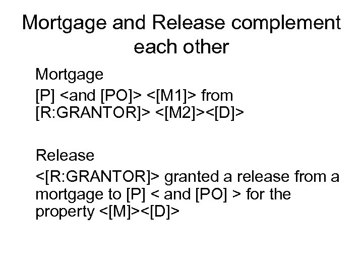 Mortgage and Release complement each other Mortgage [P] <and [PO]> <[M 1]> from [R: