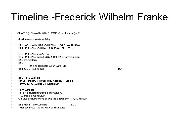 Timeline -Frederick Wilhelm Franke • • • • • • • Chronology of events