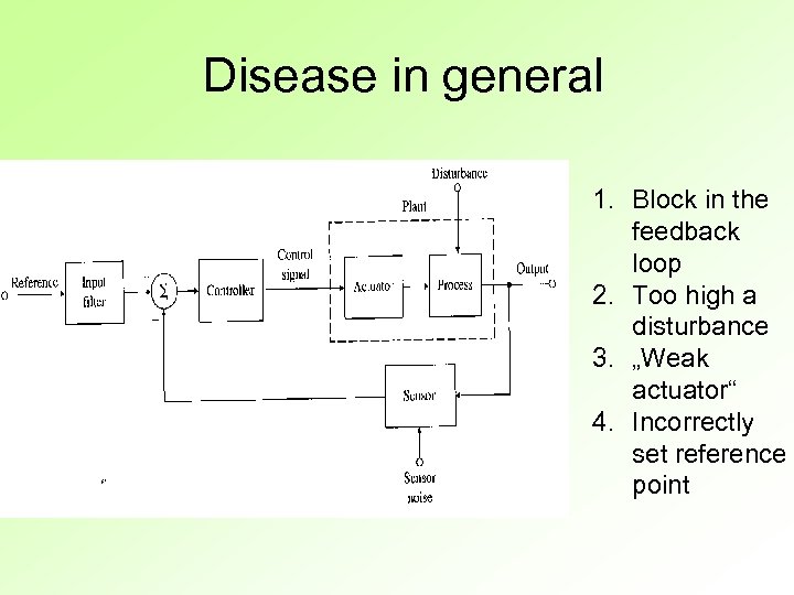 Disease in general 1. Block in the feedback loop 2. Too high a disturbance
