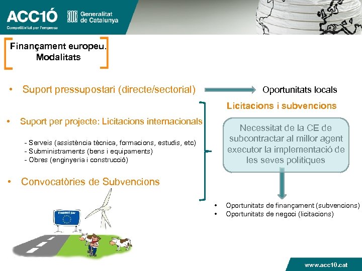 Finançament europeu. Modalitats • Suport pressupostari (directe/sectorial) Oportunitats locals Licitacions i subvencions • Suport