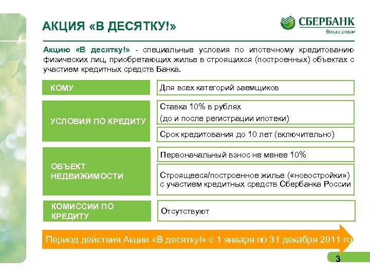 АКЦИЯ «В ДЕСЯТКУ!» Акцию «В десятку!» - специальные условия по ипотечному кредитованию физических лиц,