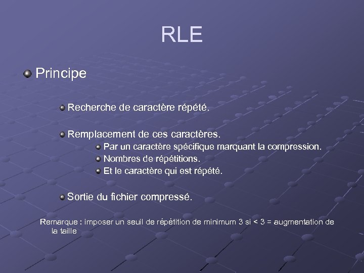 RLE Principe Recherche de caractère répété. Remplacement de ces caractères. Par un caractère spécifique