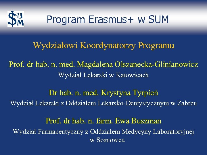 Program Erasmus+ w SUM Wydziałowi Koordynatorzy Programu Prof. dr hab. n. med. Magdalena Olszanecka-Glinianowicz