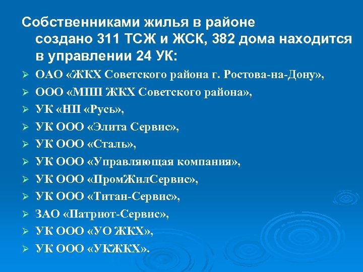 Собственниками жилья в районе создано 311 ТСЖ и ЖСК, 382 дома находится в управлении