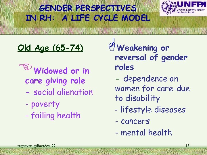 GENDER PERSPECTIVES IN RH: A LIFE CYCLE MODEL Old Age (65 -74) EWidowed or