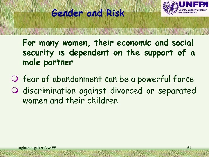 Gender and Risk For many women, their economic and social security is dependent on