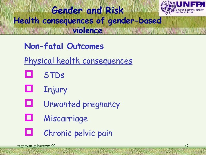 Gender and Risk Health consequences of gender-based violence Non-fatal Outcomes Physical health consequences p