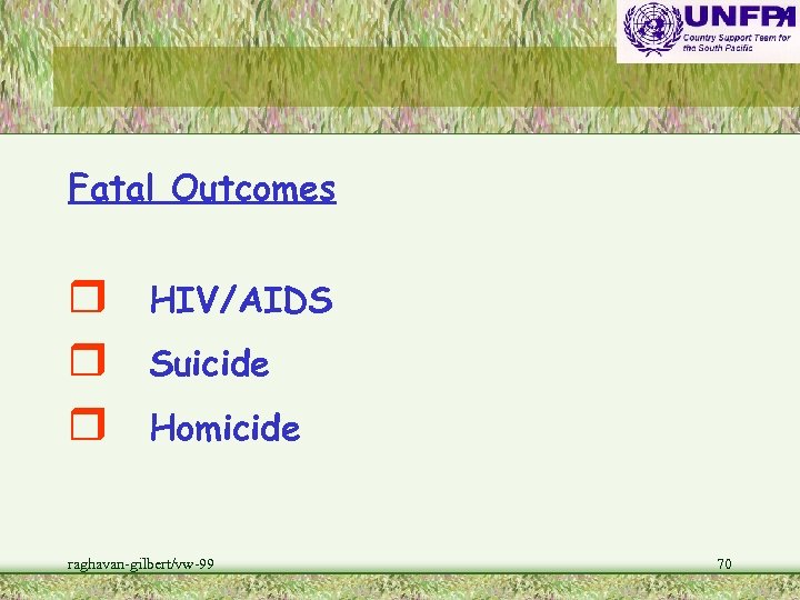 Fatal Outcomes r r r HIV/AIDS Suicide Homicide raghavan-gilbert/vw-99 70 