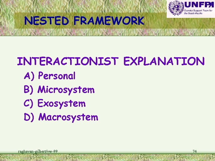 NESTED FRAMEWORK INTERACTIONIST EXPLANATION A) B) C) D) Personal Microsystem Exosystem Macrosystem raghavan-gilbert/vw-99 74