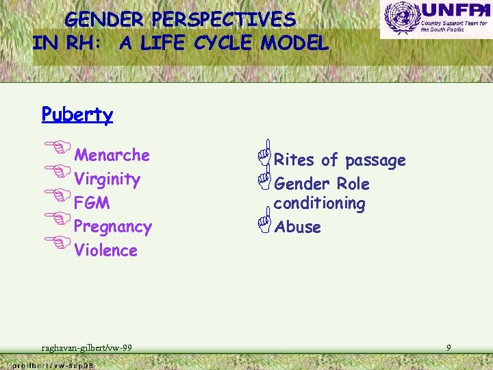 GENDER PERSPECTIVES IN RH: A LIFE CYCLE MODEL Puberty EMenarche EVirginity EFGM EPregnancy EViolence