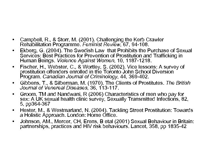  • • Campbell, R. , & Storr, M. (2001). Challenging the Kerb Crawler