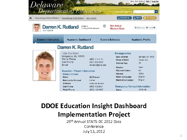DDOE Education Insight Dashboard Implementation Project 25 th Annual STATS-DC 2012 Data Conference July