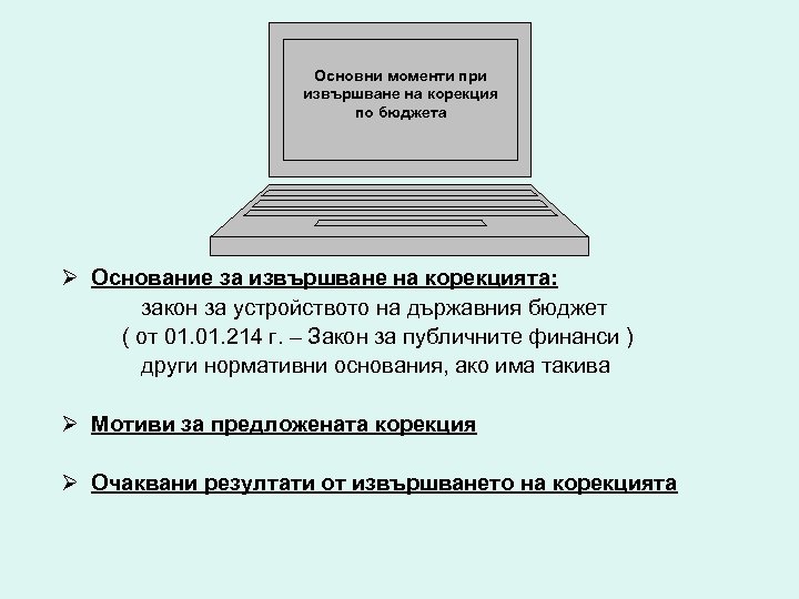 Основни моменти при извършване на корекция по бюджета Ø Основание за извършване на корекцията: