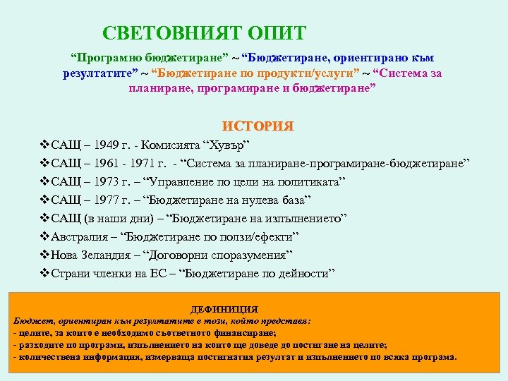 СВЕТОВНИЯТ ОПИТ “Програмно бюджетиране” ~ “Бюджетиране, ориентирано към резултатите” ~ “Бюджетиране по продукти/услуги” ~
