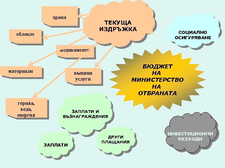 храна ТЕКУЩА ИЗДРЪЖКА облекло СОЦИАЛНО ОСИГУРЯВАНЕ медикаменти материали горива, вода, енергия БЮДЖЕТ НА МИНИСТЕРСТВО