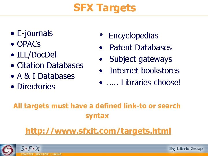 SFX Targets • • • E-journals OPACs ILL/Doc. Del Citation Databases A & I