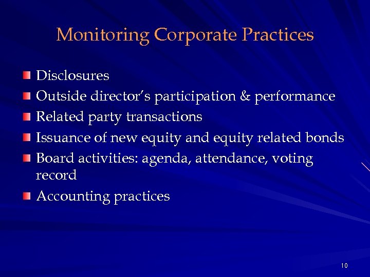 Monitoring Corporate Practices Disclosures Outside director’s participation & performance Related party transactions Issuance of