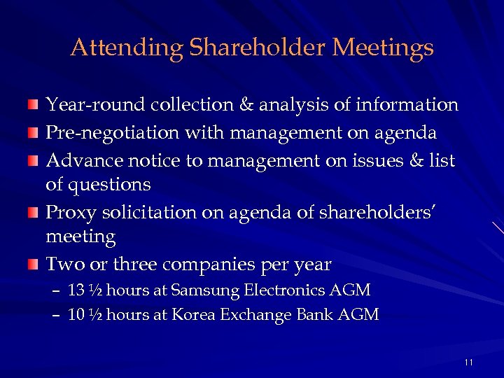 Attending Shareholder Meetings Year-round collection & analysis of information Pre-negotiation with management on agenda