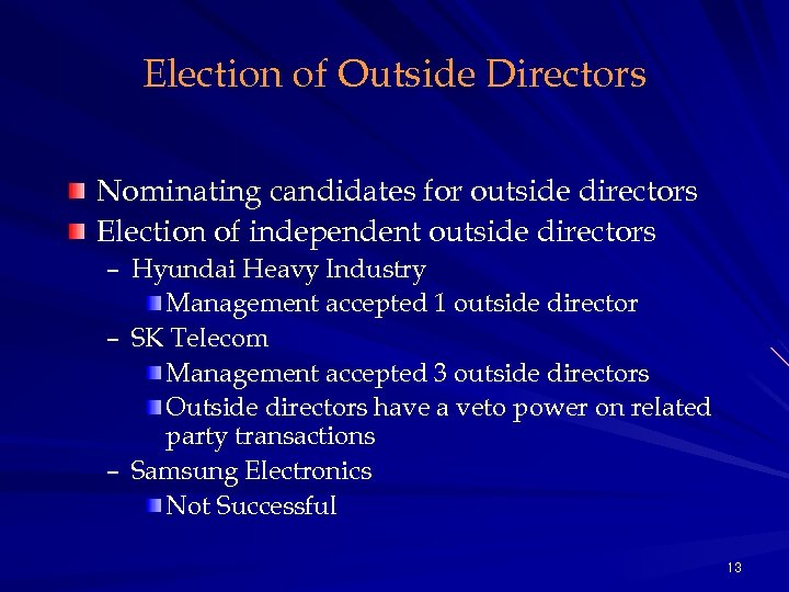 Election of Outside Directors Nominating candidates for outside directors Election of independent outside directors