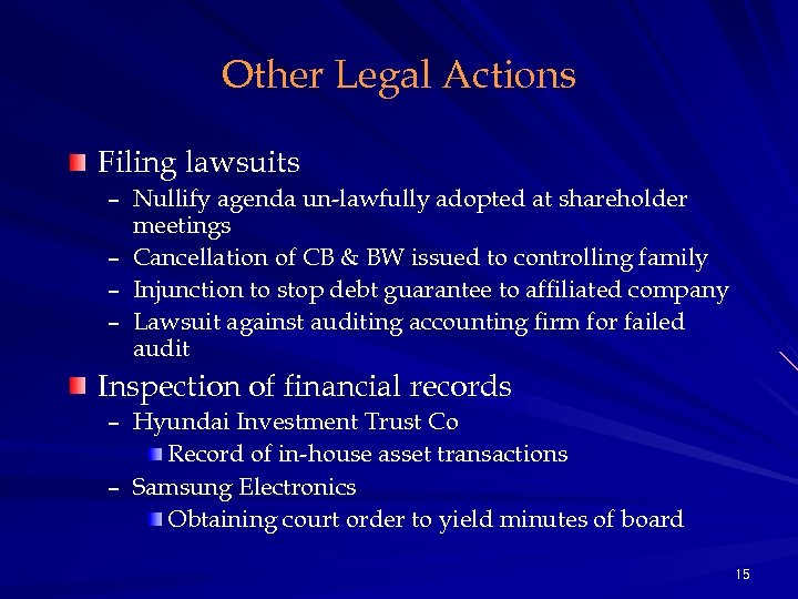 Other Legal Actions Filing lawsuits – Nullify agenda un-lawfully adopted at shareholder meetings –