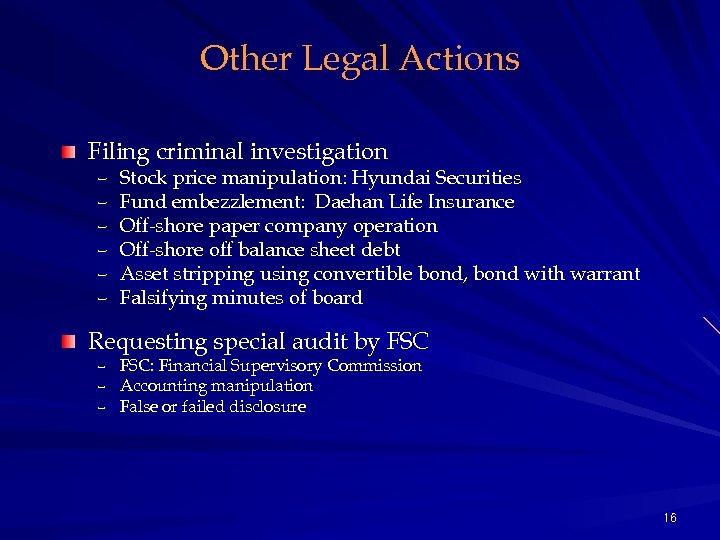Other Legal Actions Filing criminal investigation – – – Stock price manipulation: Hyundai Securities
